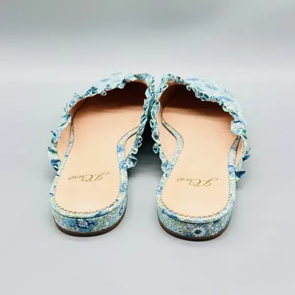 J Crew Shoes Women 8 Blue Green Floral Ruffle Trim Mule Flat Pointed Toe Slip On - Picture 6 of 12